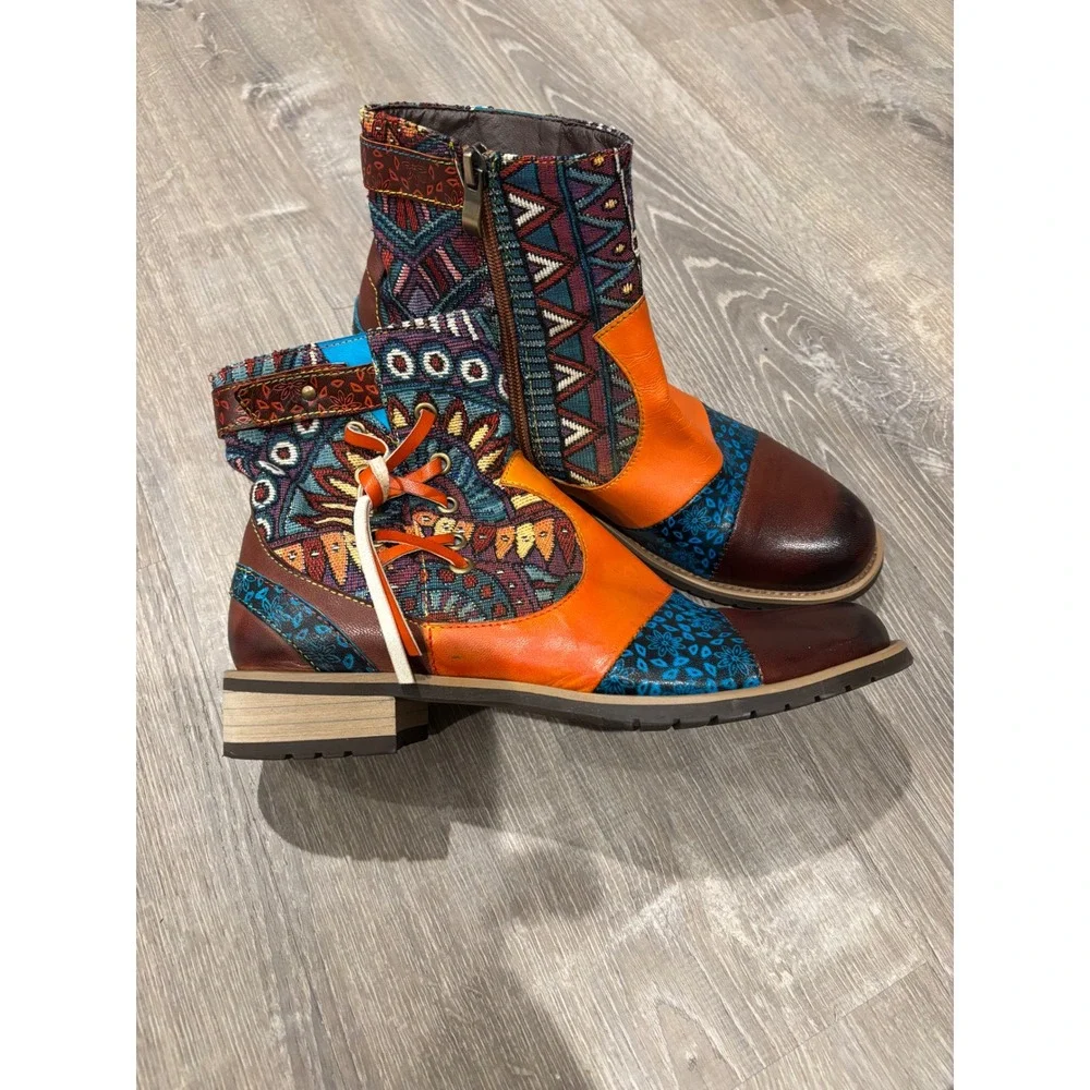 Bohemian Ankle Boots, Leather Accent, Colorful Fabric, Lace-Up, Side Zip‎ Sz 40
